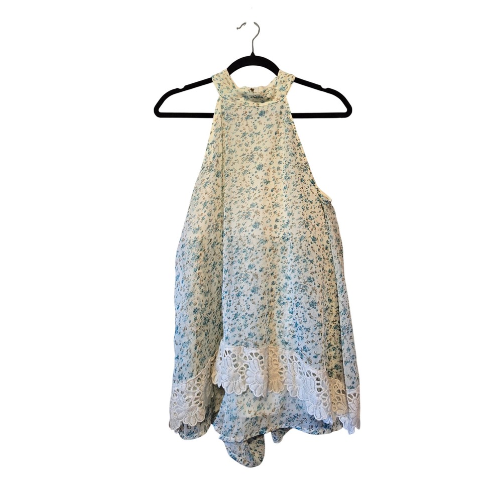 Judith March Floral Halter Romper Womens L Blue Cream Crochet Lace Trim Boho
